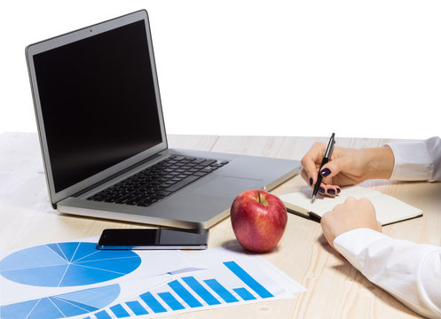 Business woman in an office holding red apple - Clipping Path