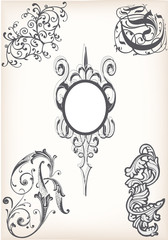 Victorian design elements with frame and floral swilrs on an old paper background