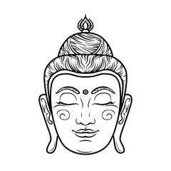 Buddha face isolated on white. Esoteric vintage illustration. Indian, Buddhism, spiritual art. Hippie tattoo, spirituality, Thai god, yoga zen . Coloring book pages