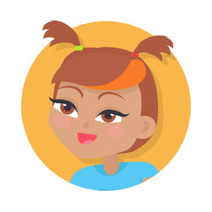 Smiling Girl with Two Red Pigtails. Blue Blouse