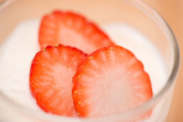 Strawberry Yoghurt. Healthy food with Strawberries and yoghurt breakfast on table.
