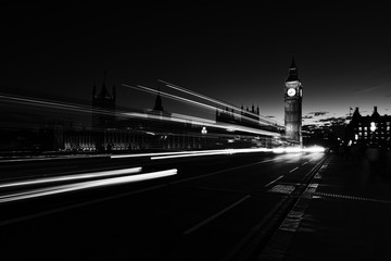 Fototapeta na wymiar Big Ben and Westminster Bridge on the River Thames in B+W
