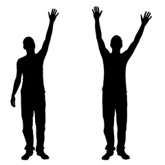 Silhouettes of people with hands in the air isolated on white - 138447714