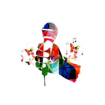 Colorful human hand with microphone. Microphone with music notes background vector illustration. Design for poster, brochure, invitation, banner, flyer, concert, singing, karaoke and music festival 
