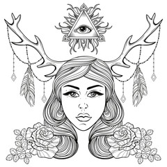 Beautiful girl with horns decorated boho elements. Vector  woman with roses, all seeing eye.  Forest nymph for adult coloring pages, spirituality, occultism symbol, gypsy soul, tattoo template.