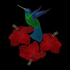 Embroidery hummingbird with hibiskus flowers. Vector fashion ornamental print for textile, fabric traditional folk decoration. © ipanki