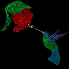 Embroidery hummingbird, exotic tropical bird with hibiskus flower. Vector fashion ornamental print for textile, fabric traditional folk decoration. © ipanki