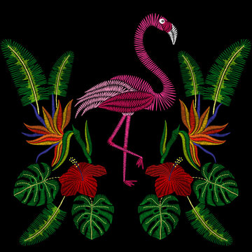 Embroidery stitches with flamingo bird, tropic hibiscus flowers. Vector fashion ornament on black background for textile, fabric traditional folk decoration.