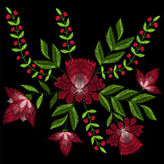 Embroidery stitches with spring rose flowers. Vector fashion ornament on black background for textile, fabric traditional folk floraldecoration.