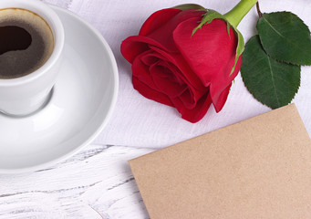 red rose and and envelope for valentines day womens day greeting card.