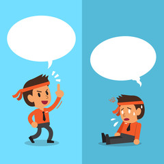 Cartoon businessman expressing different emotions with white speech bubbles