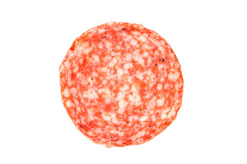 Sausage Slice of salami isolated on a white. Top view.