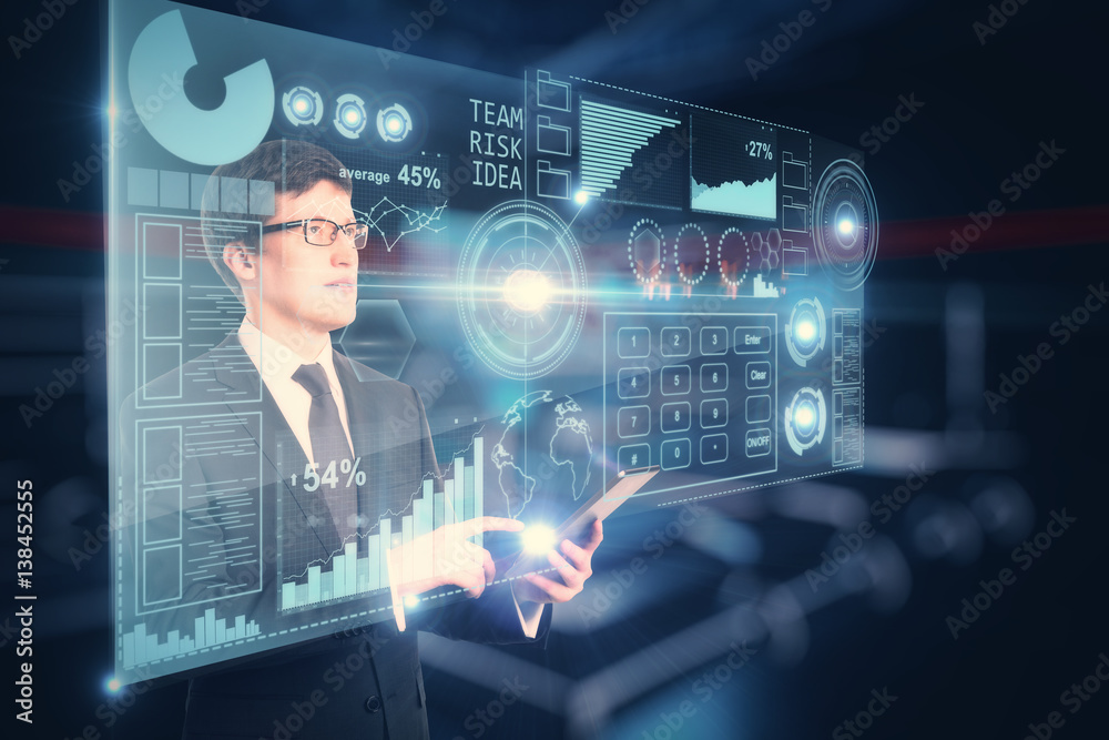 Poster Businessman using device with charts