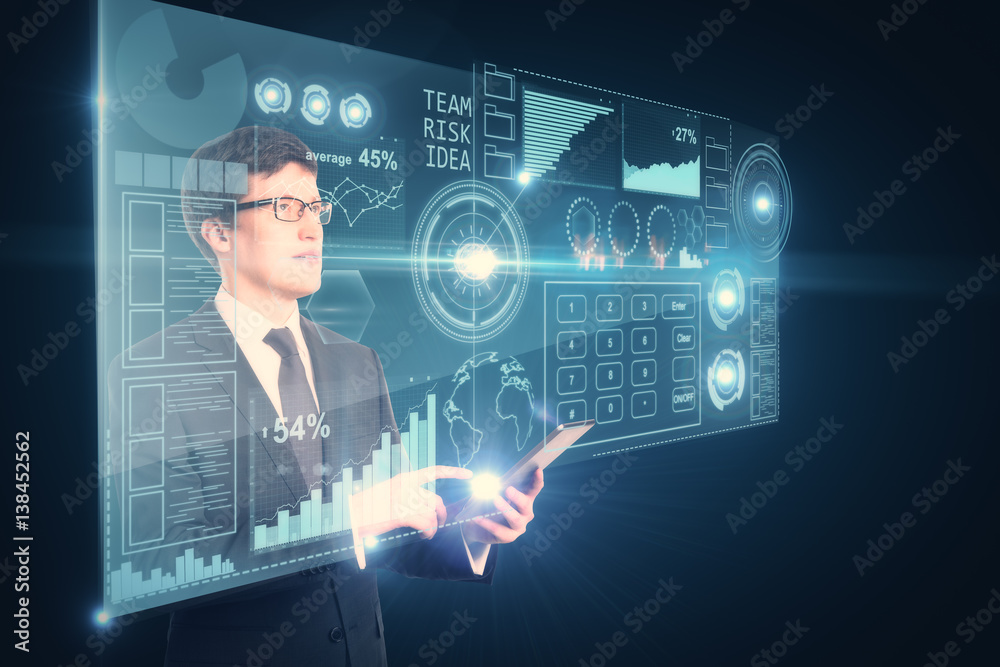 Poster Businessman using device with charts