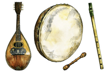 Watercolor and ink Irish folk music instruments