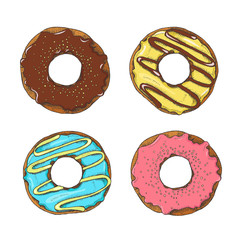 Set of vector glazed colored donuts isolated on white. Sketch, hand drawn. 