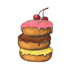Hand drawn set of different glazed donuts with cherries and colorful cake decoration. Sweet bakery for menu, advertising and banners. Sketch. Vector