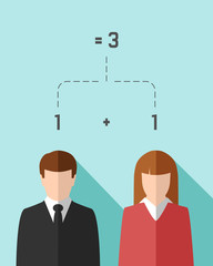 Teamwork and synergy  concept with businessman and businesswoman. 1 + 1 = 3 as metaphor.