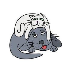Obraz premium funny cat laying on the dog. vector illustration.