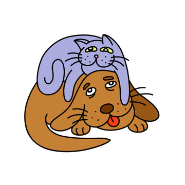 funny cat laying on the dog. vector illustration.