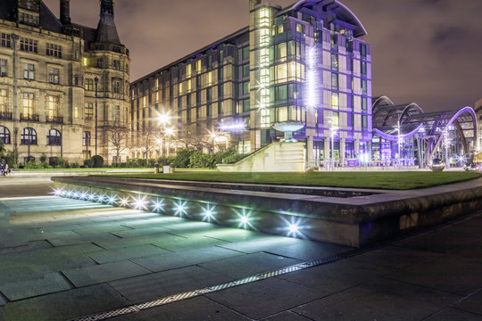Sheffield city centre at night time