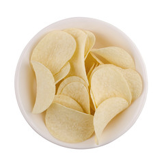 top view  of potato snacks in a white bowl isolated on white