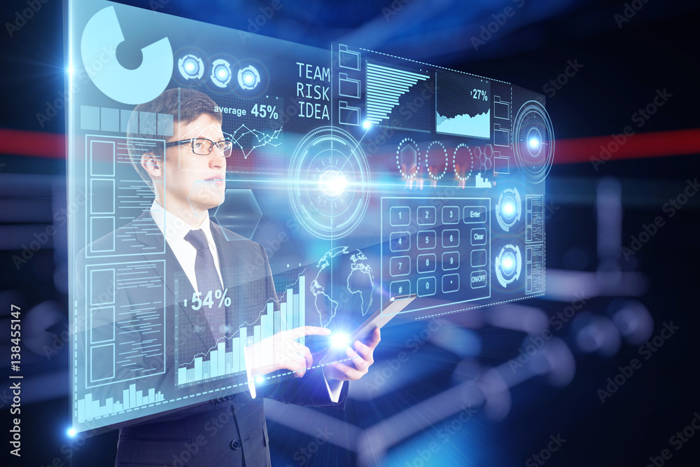Poster Businessman using device with charts