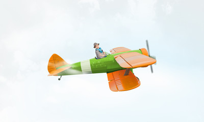 Woman in drawn airplane . Mixed media