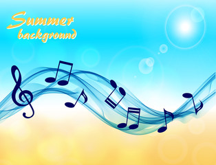 Abstract summer background with music notes and a treble clef