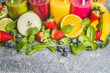 Variety of fresh organic ingredients for colorful smoothies or juice making. Healthy, diet or detox beverage concept