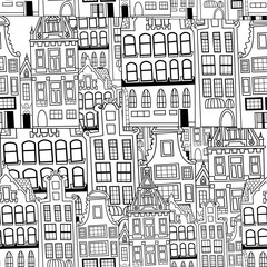 Outline doodle city VECTOR seamless pattern