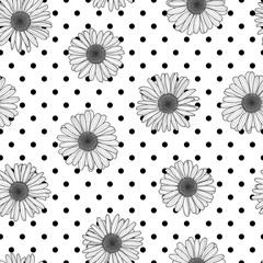 Vector floral seamless polka dot pattern. Black and white background with outline hand drawn chamomile flowers. Spring design for fabric, textile print, wrapping paper or web backgrounds.