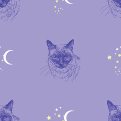 Seamless vector pattern with cat, stars and moon  on blue background