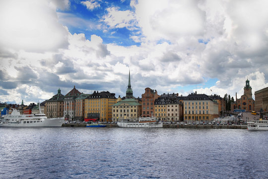 View of Gamla Stan from bridge Skeppsholmsbron in Stockholm, Sweden