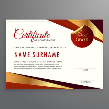 luxury certificate template design with elegant golden and red shapes