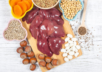 Products containing iron (ferrum).  Healthy product. Diet.