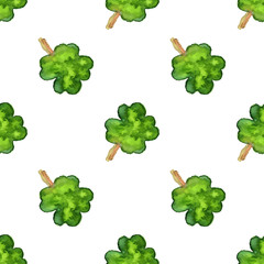 Watercolor seamless pattern with four leaf clover. Vector graphic design elements isolated on white background. Spring, green, St. Patricks Day concept.