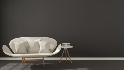 Scandinavian minimalistic dark background, with white sofa on herringbone natural parquet flooring, interior design
