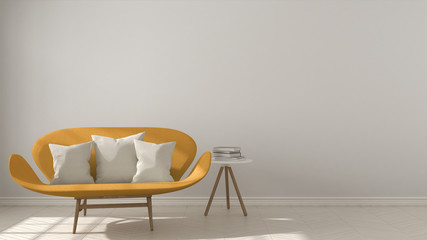 Scandinavian minimalistic background, with orange sofa on herringbone natural parquet flooring, interior design
