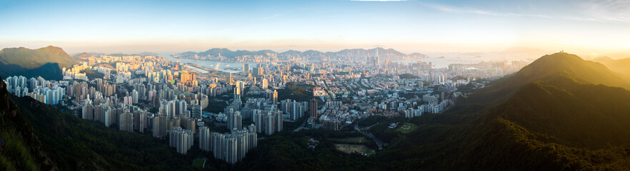 Top view from The lion rock park, sunset onver Kowloon and Hong kong sky.
