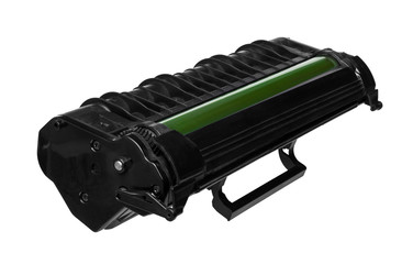 Laser cartridge with green drum isolated on white background. Side view.
