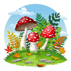 Illustration of some fly mushrooms in autumn