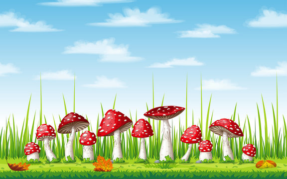 Illustration of some fly mushrooms in autumn