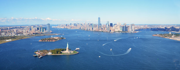 New York, USA, September 28, 2013: New York Harbor  Aerial view with Statue of Liberty on a clear...