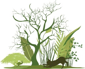 Wildlife silhouette of karakal. jerboa and plants, trees