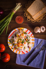 Rice on wooden background