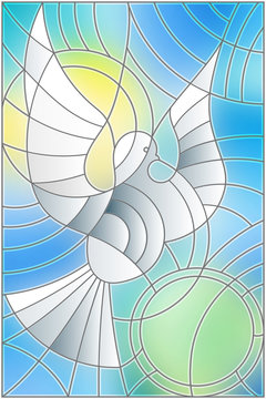 Illustration in stained glass style with abstract pigeon and the sun in the sky