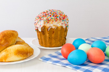 Easter table with dyed eggs.