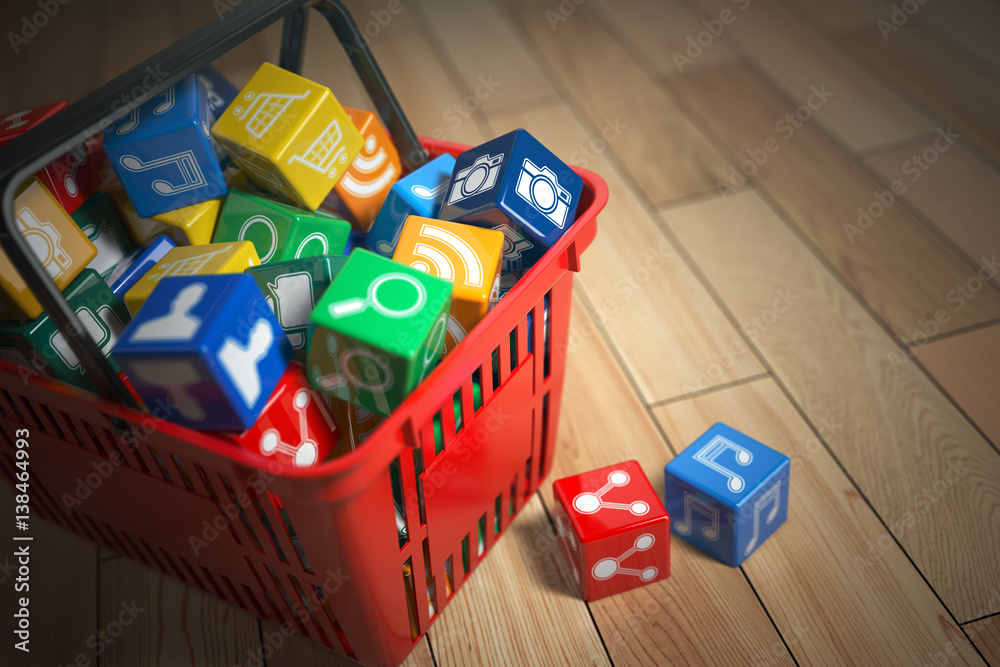 Poster Application software icons  boxes in the shopping basket. Store of apps concept.