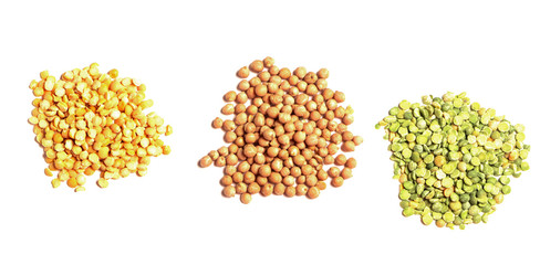 fruit green, yellow peas and chickpeas isolated on white background